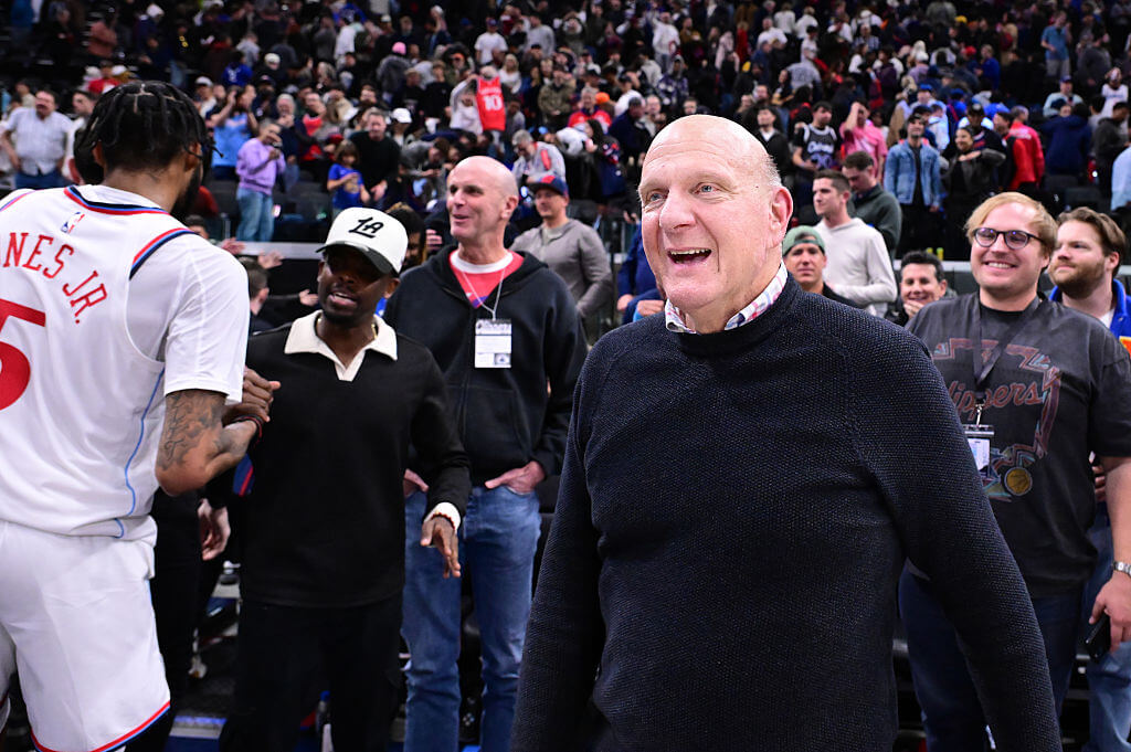 Steve Ballmer celebrates the Clippers’ win over Denver at the Intuit Dome in February.