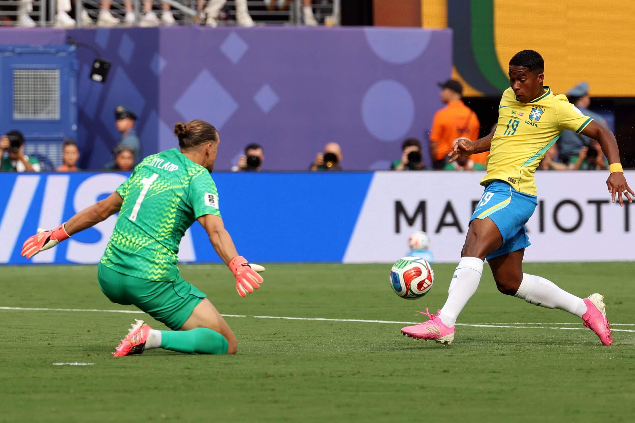 Endrick playing for Brazil at the World Cup