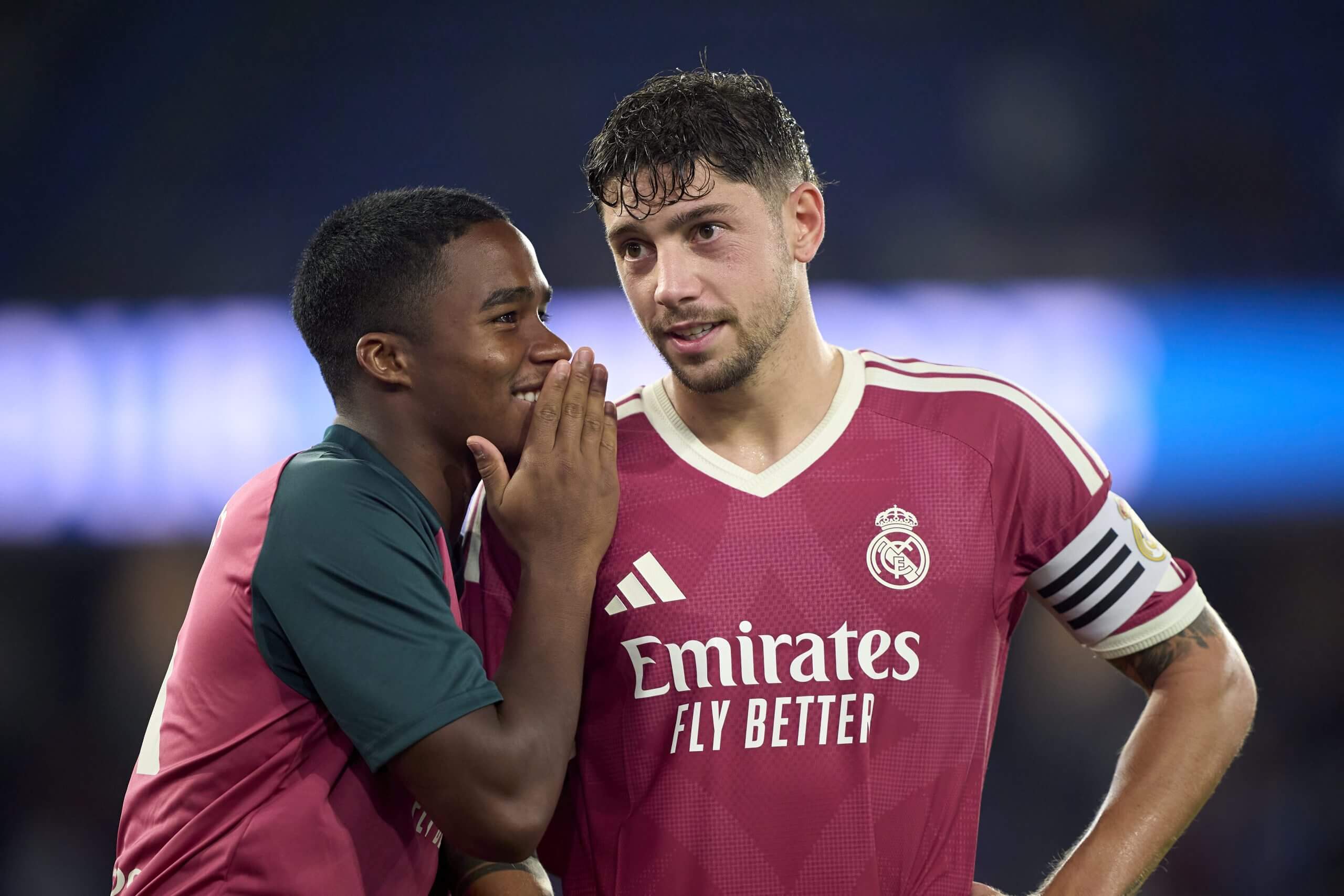 Endrick and Federico Valverde talk to each other during Madrid's pre-season