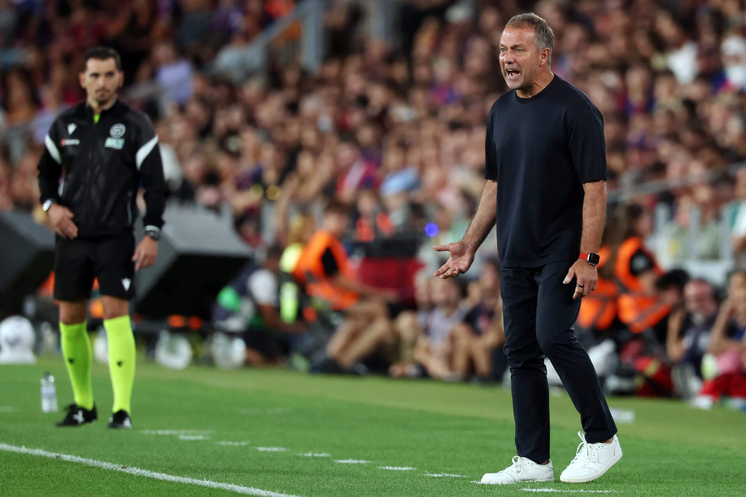 Hansi Flick shouting instructions on the sidelines at Barcelona’s match against Rayo Vallecano