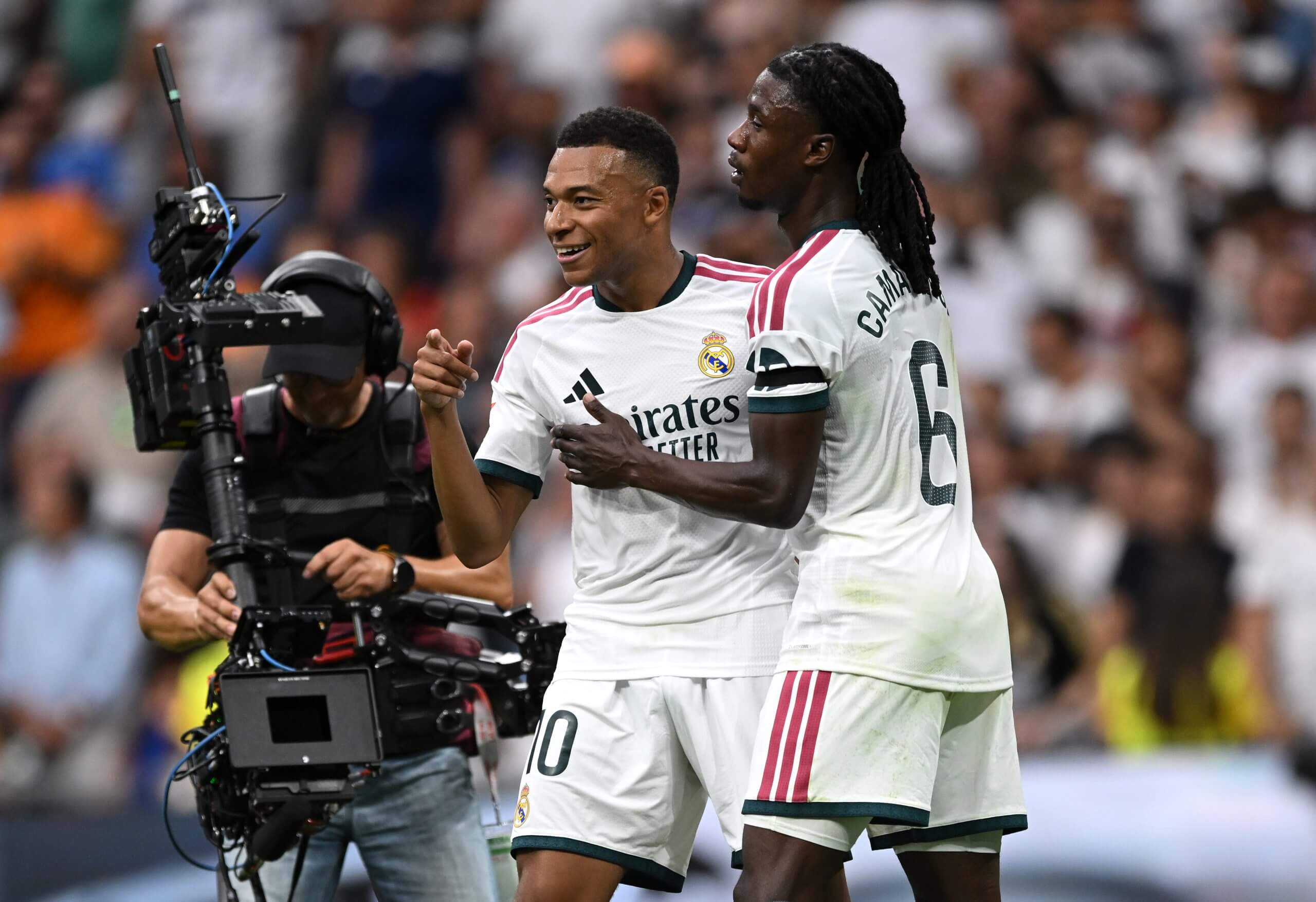 Camavinga and Mbappe celebrate during Madrid's 4-0 win over Malaga