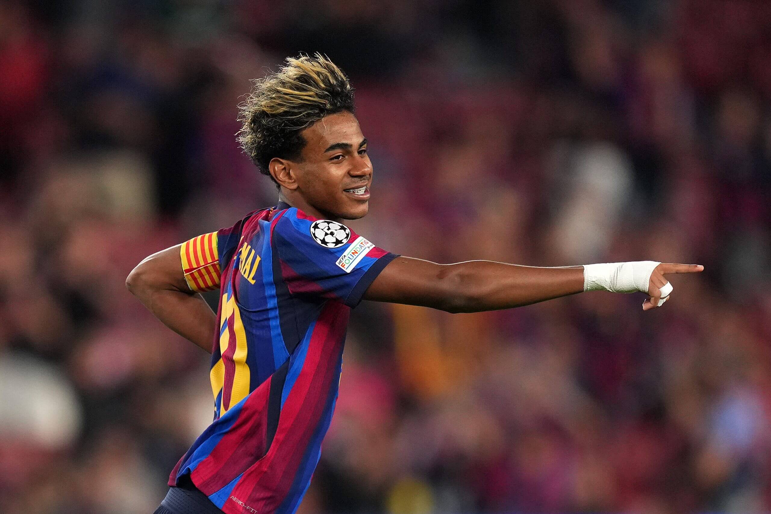 Lamine Yamal celebrates Barcelona’s fourth goal of the night