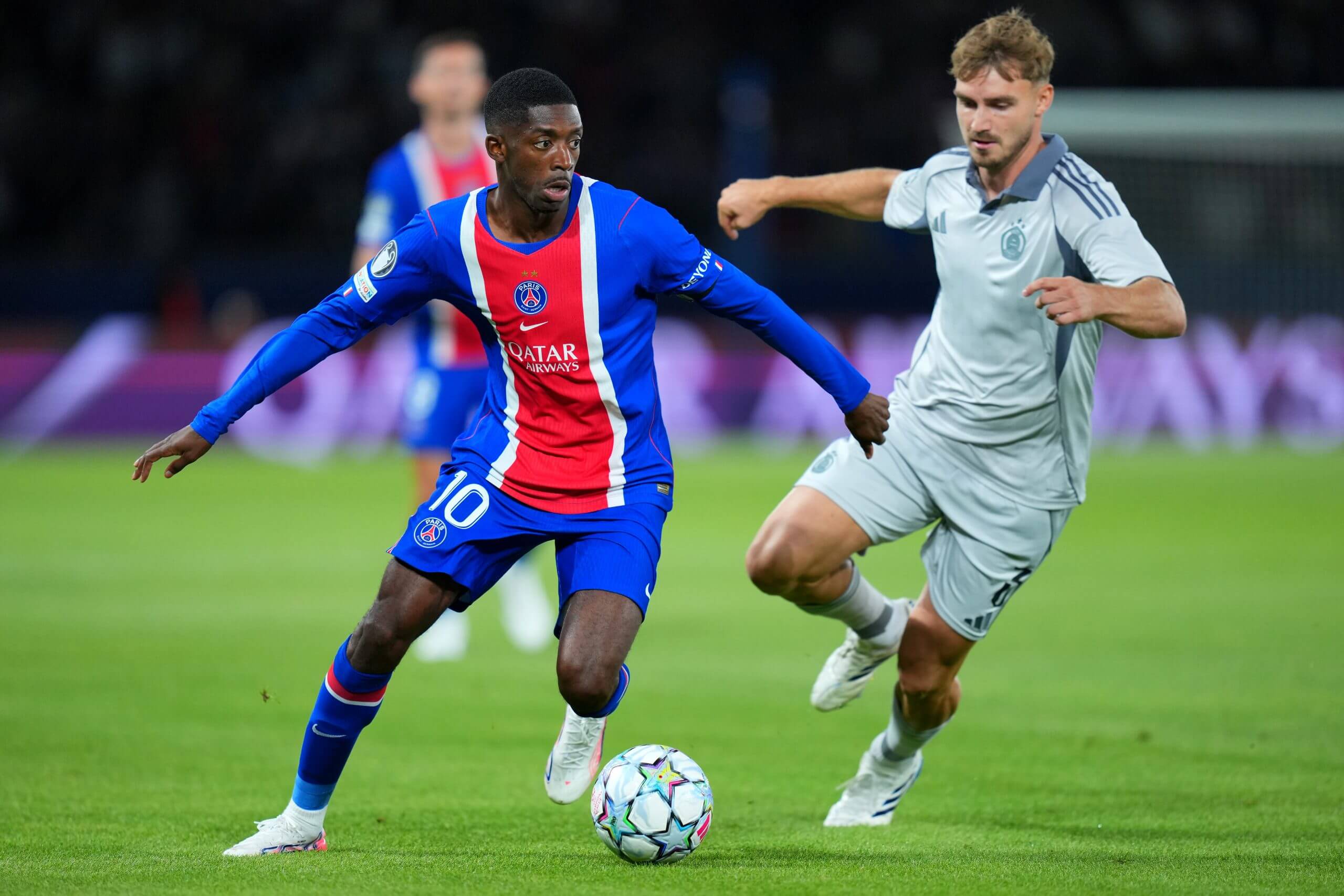 Ousmane Dembele sprints at Slovan Bratislava’s defence