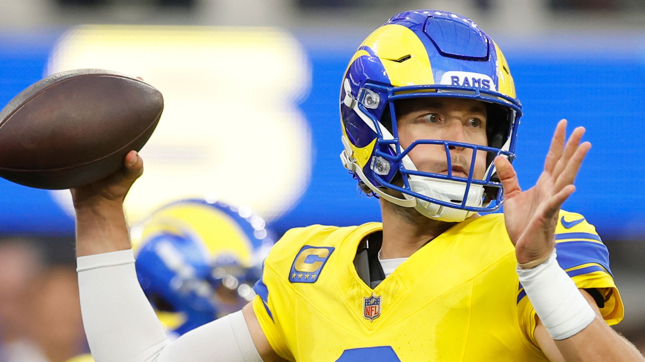 Matthew Stafford threw four touchdown passes as the Rams claimed their first win of the season