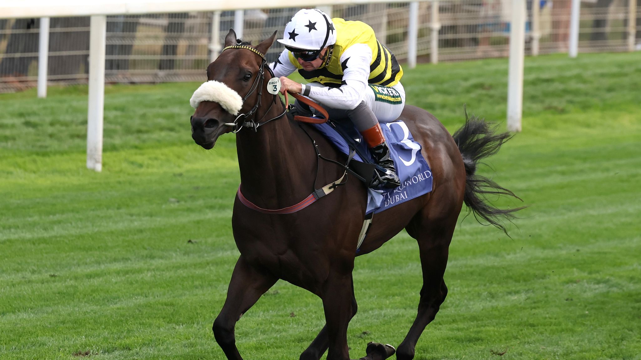 Arapaho Gold, ridden by Connor Beasley, crossing the finish line to win the Al Basti Equiworld Dubai Gimcrack at York