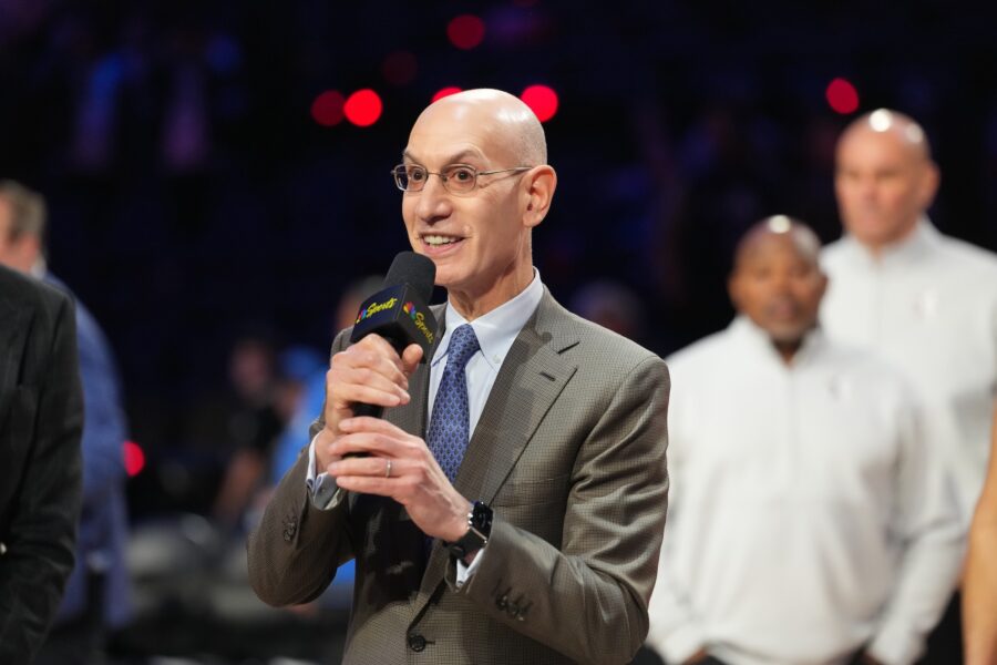 Adam Silver discussing NBA Europe, EuroLeague merger, prediction markets, and smart ball technology.