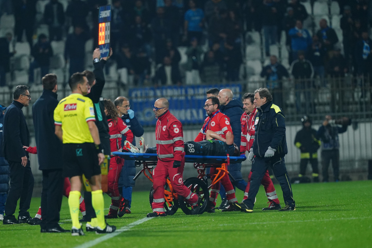Stanislav Lobotka of Napoli being carried off on a stretcher after an ankle injury.