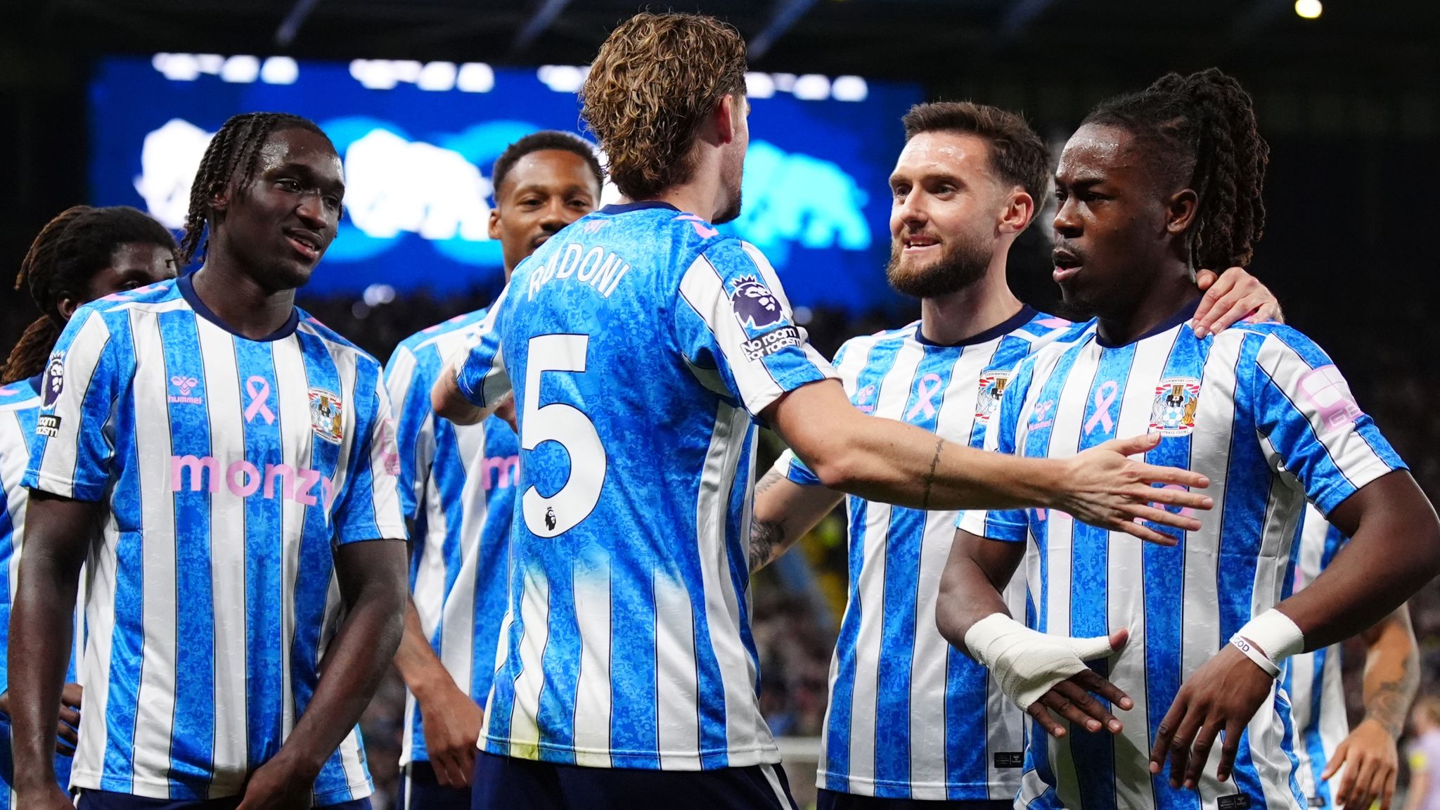 Coventry celebrate Rudoni’s opener that set them on their way to their first home win of the season