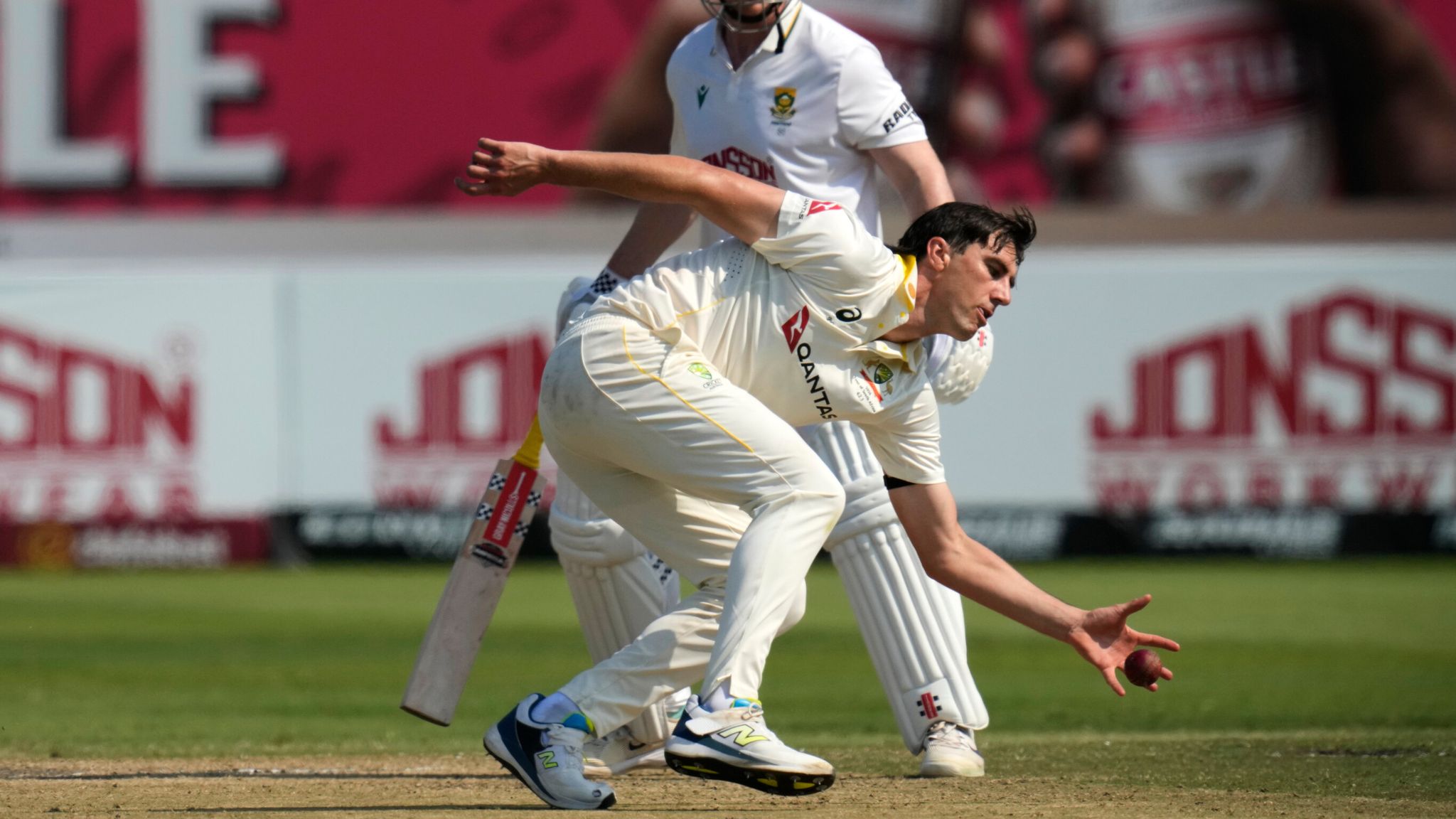 Pat Cummins fields his own delivery for Australia