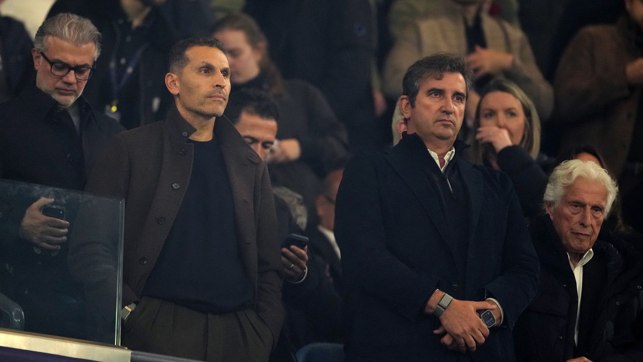 Manchester City chairman Khaldoon Al Mubarak and CEO Ferran Soriano watching from the stands before kickoff
